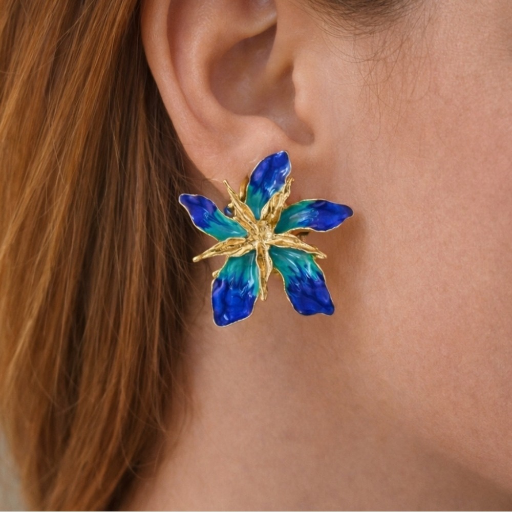 Gold Flower statement Blue Earrings Boho Tropical vacation Jewelry 💖2/$30